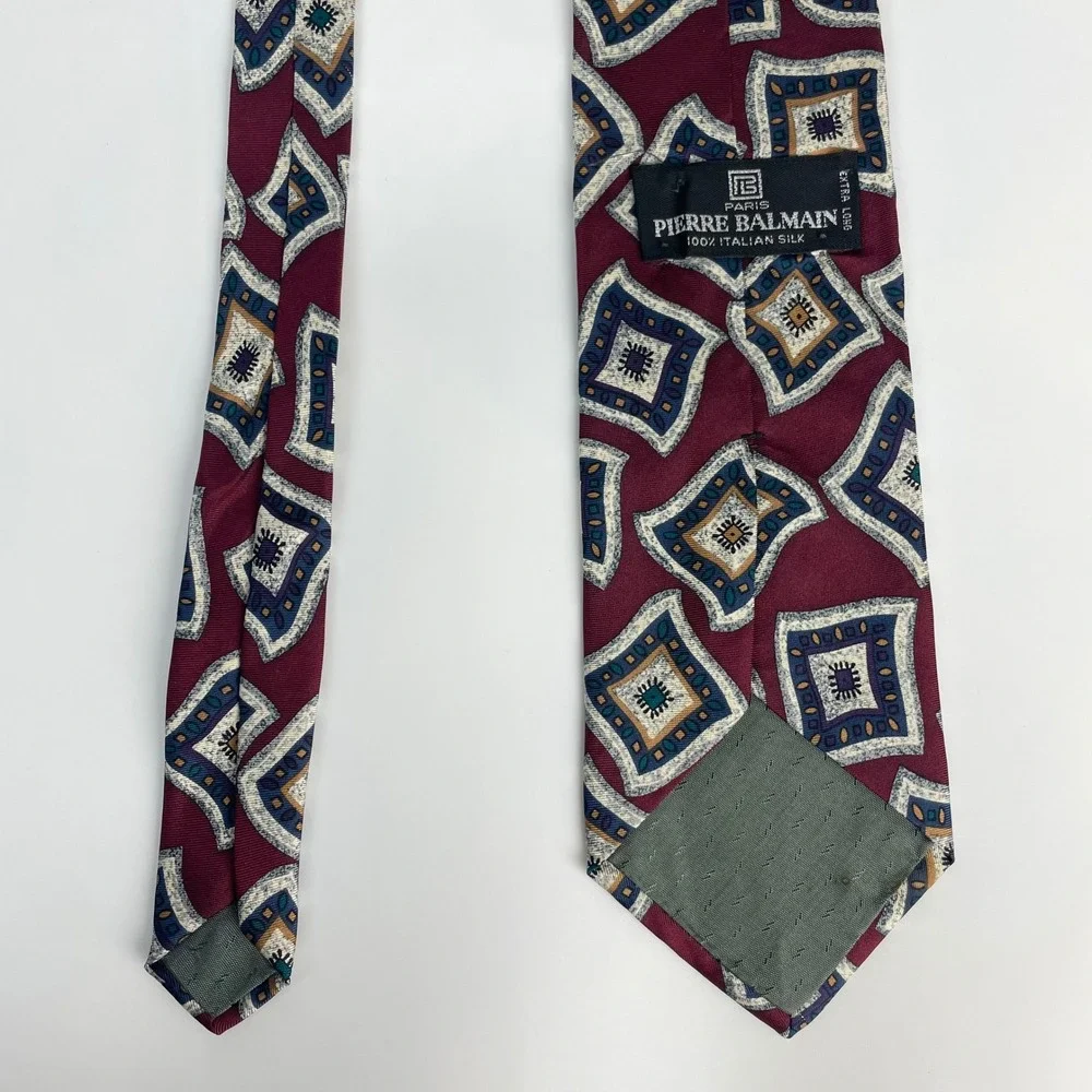 Pierre Balmain Tie Silk Men‎ Extra Long Tie Burgundy Geometric Abstract Italy
